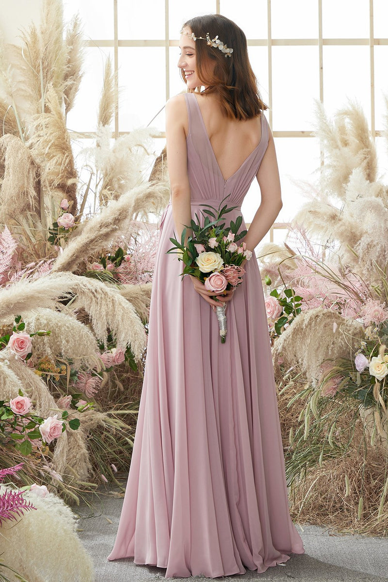 Afbeelding in Gallery-weergave laden, Blush V Hals Lange Chiffon Bruidsmeisje jurk
