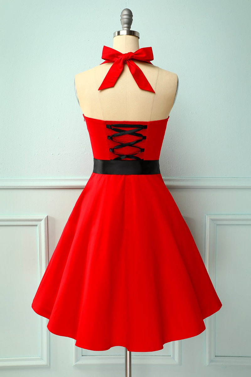Afbeelding in Gallery-weergave laden, Rood/zwarte Halter Pinup-jurk