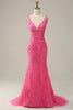 Afbeelding in Gallery-weergave laden, Zeemeermin Diepe V-hals Hot Pink Lange Galajurk met Open Rug
