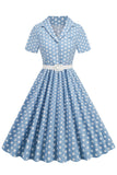 Hepburn Style V Hals Blauwe Polka Dots 1950s Jurk