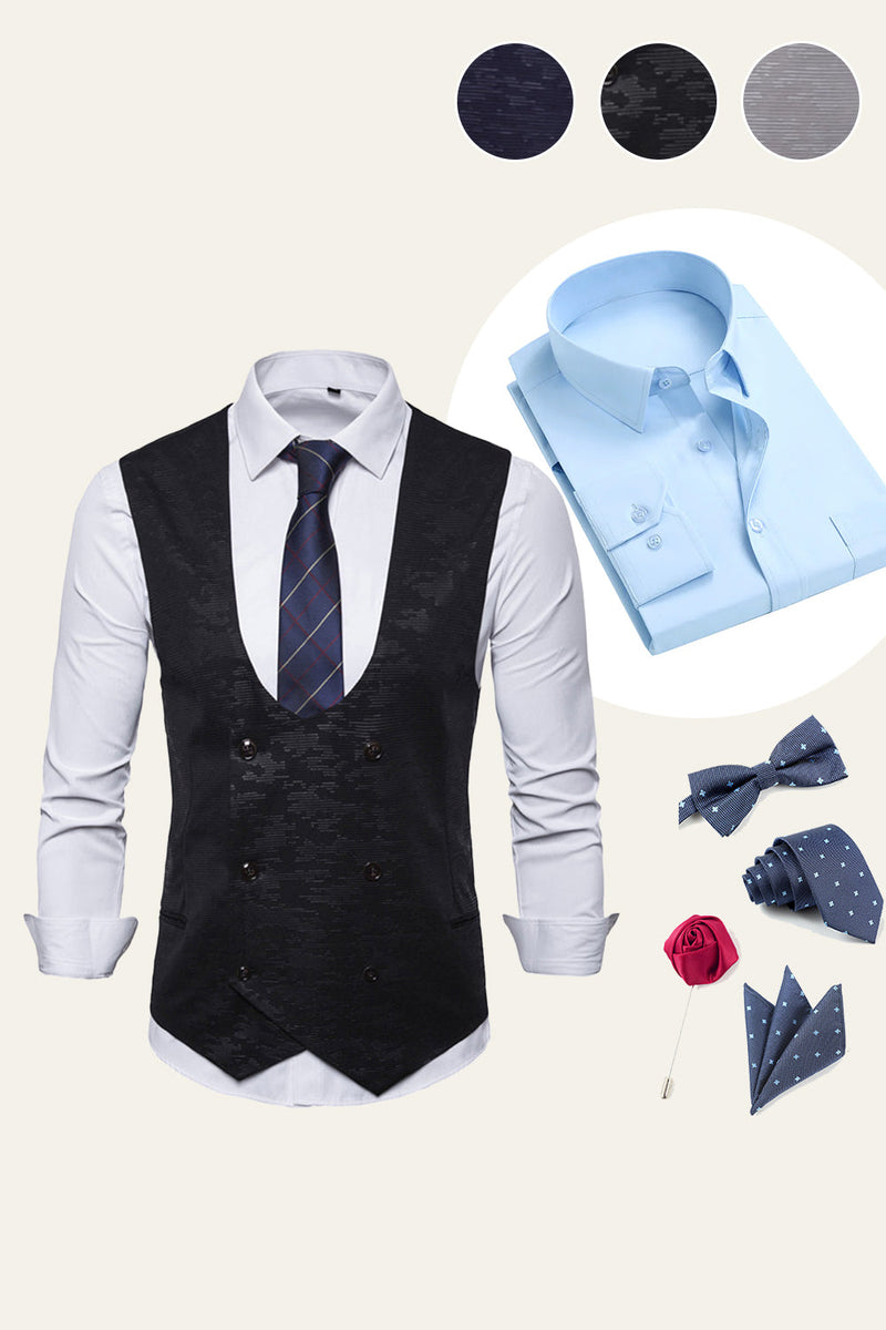 Afbeelding in Gallery-weergave laden, Zwart Double Breasted Heren Vest met Shirt Accessoires Set