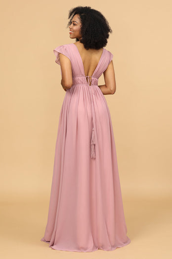 Blush V-Hals Lange Chiffon Bruidsmeisje Jurk