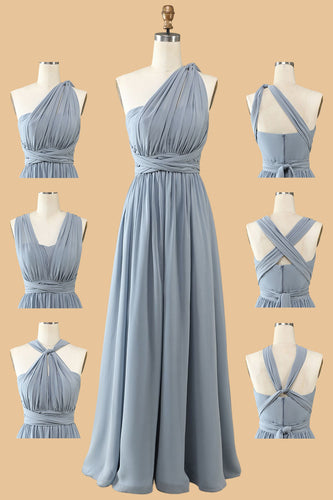 Een lijn een schouder V hals Halter hals vloer lengte grijs blauw bruidsmeisje jurk