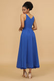 Royal Blue V-hals Chiffon Bruidsmeisje Jurk