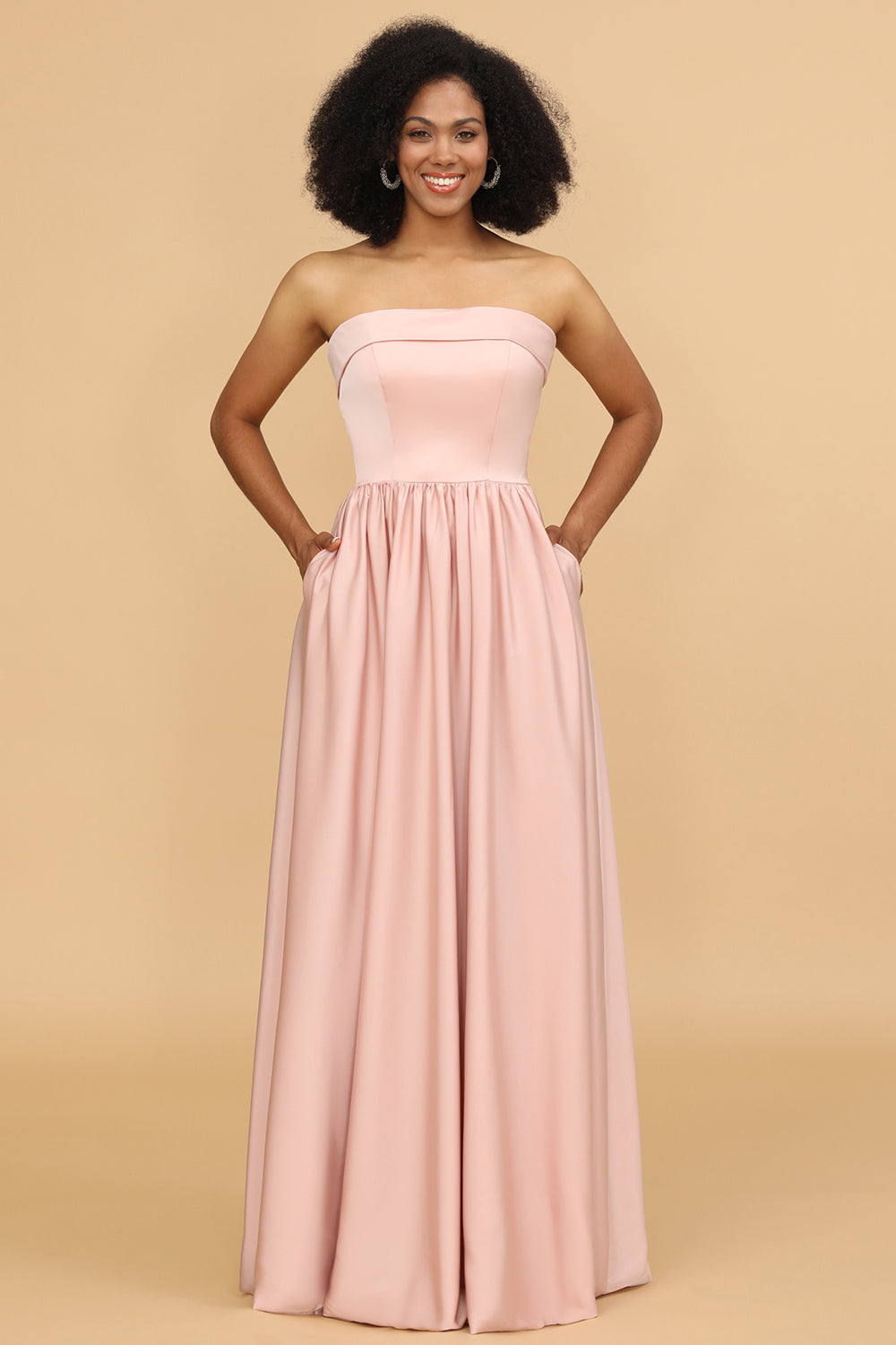 A lijn strapless blush satijn lange bruidsmeisje jurk