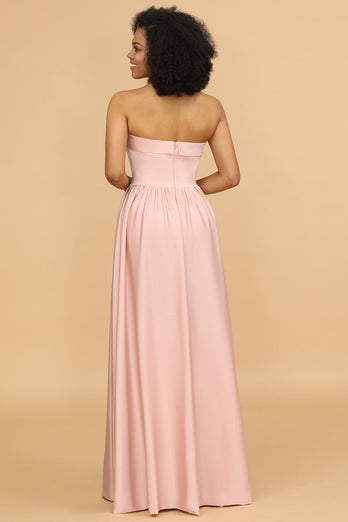 A lijn strapless blush satijn lange bruidsmeisje jurk