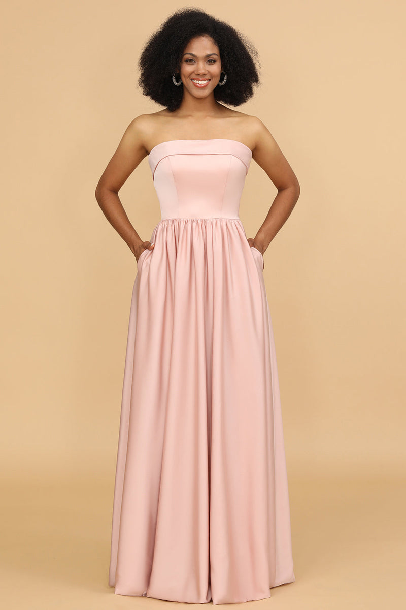 Afbeelding in Gallery-weergave laden, A lijn strapless blush satijn lange bruidsmeisje jurk
