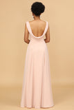 A Line V Neck Blush Chiffon Lange Bruidsmeisje Jurk