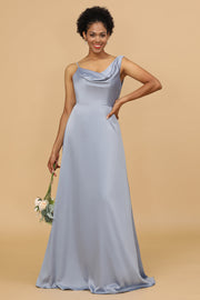 A Line Asymmetrical Neck Grijs Blauw Satin Long Bridesmaid Dress