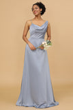 A Line Asymmetrical Neck Grijs Blauw Satin Long Bridesmaid Dress