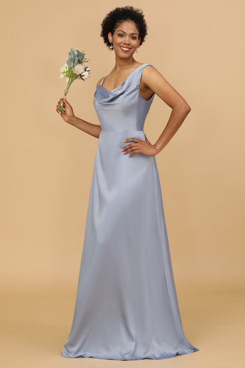 A Line Asymmetrical Neck Grijs Blauw Satin Long Bridesmaid Dress