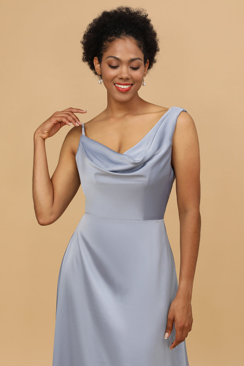 Afbeelding in Gallery-weergave laden, A Line Asymmetrical Neck Grijs Blauw Satin Long Bridesmaid Dress