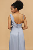 A Line Asymmetrical Neck Grijs Blauw Satin Long Bridesmaid Dress