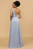 Afbeelding in Gallery-weergave laden, A Line Asymmetrical Neck Grijs Blauw Satin Long Bridesmaid Dress