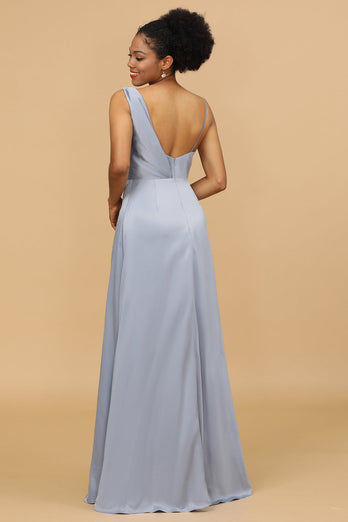 A Line Asymmetrical Neck Grijs Blauw Satin Long Bridesmaid Dress