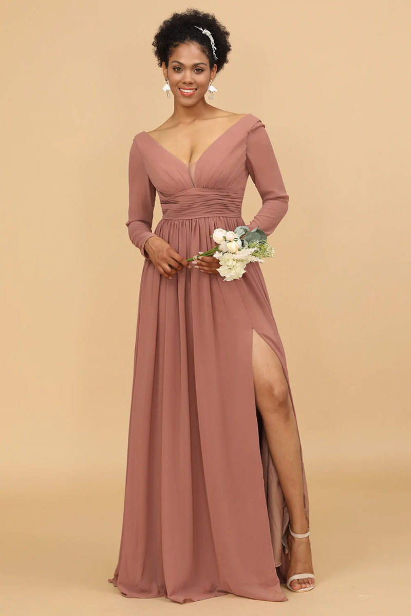Afbeelding in Gallery-weergave laden, Blush V-Hals Lange Mouwen Bruidsmeisje Jurk