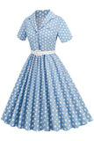 Hepburn Style V Hals Blauwe Polka Dots 1950s Jurk