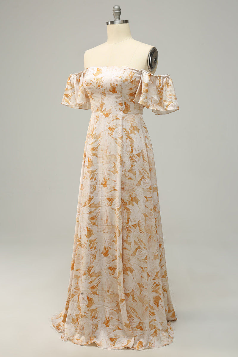 Afbeelding in Gallery-weergave laden, A lijn van de schouder gele bloem bedrukt plus size bruidsmeisje jurk