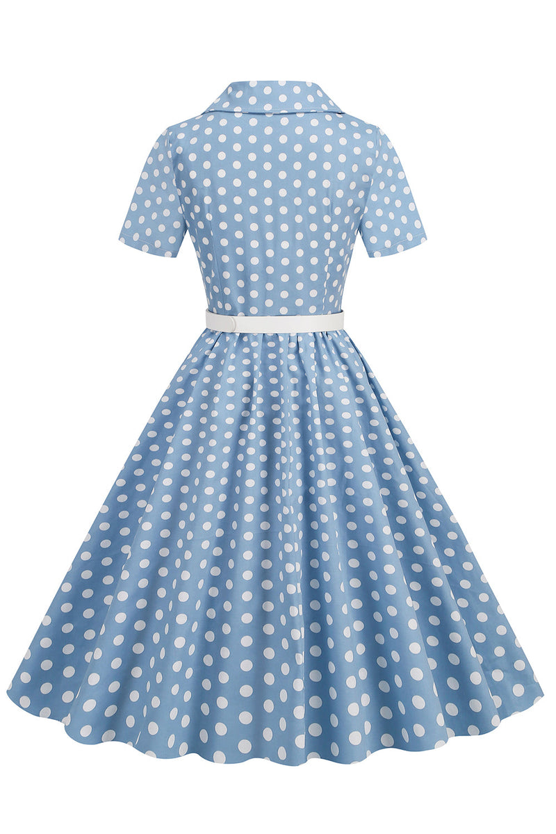 Afbeelding in Gallery-weergave laden, Hepburn Style V Hals Blauwe Polka Dots 1950s Jurk