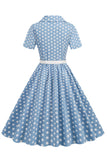 Hepburn Style V Hals Blauwe Polka Dots 1950s Jurk