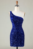 Pailletten One-Shoulder Royal Blue Tight Beading Korte Homecoming Jurk