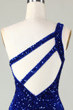 Pailletten One-Shoulder Royal Blue Tight Beading Korte Homecoming Jurk