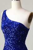 Pailletten One-Shoulder Royal Blue Tight Beading Korte Homecoming Jurk