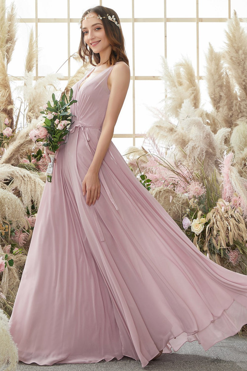 Afbeelding in Gallery-weergave laden, Blush V Hals Lange Chiffon Bruidsmeisje jurk