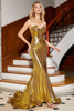 Afbeelding in Gallery-weergave laden, Zeemeermin Sweetheart gouden korset galajurk met split