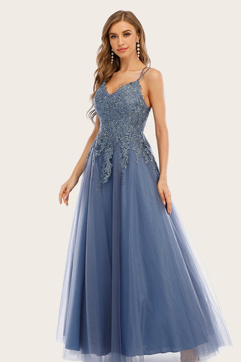 Stoffige blauwe lange prom jurk met kant