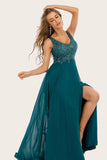 Turquoise Chiffon Long Prom Jurk met Kralen