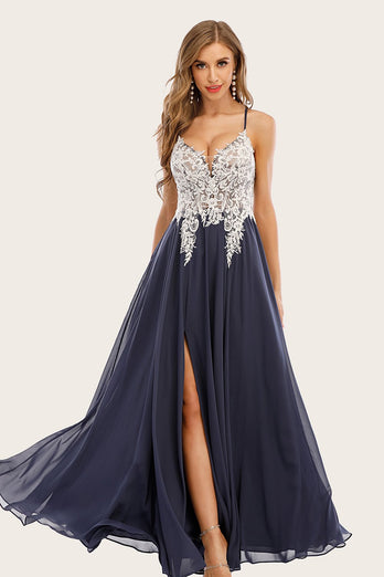 Stoffige blauwe lange Chiffon Prom jurk met kant