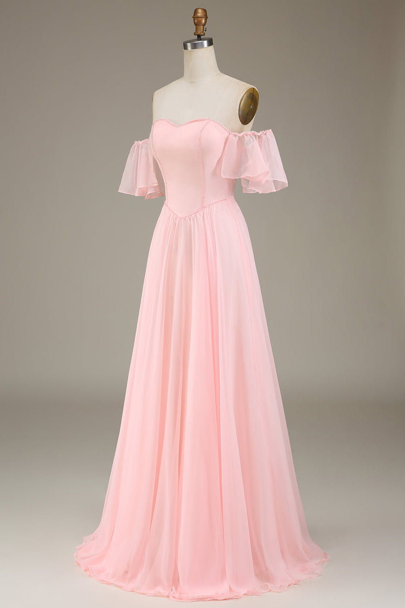 Afbeelding in Gallery-weergave laden, Blush roze A-lijn Off the Shoulder Chiffon lange bruidsmeisje jurk