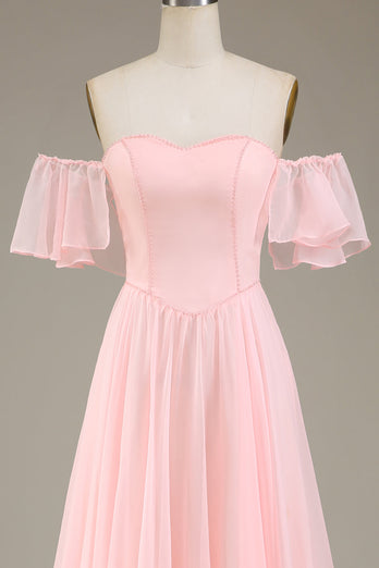 Blush roze A-lijn Off the Shoulder Chiffon lange bruidsmeisje jurk