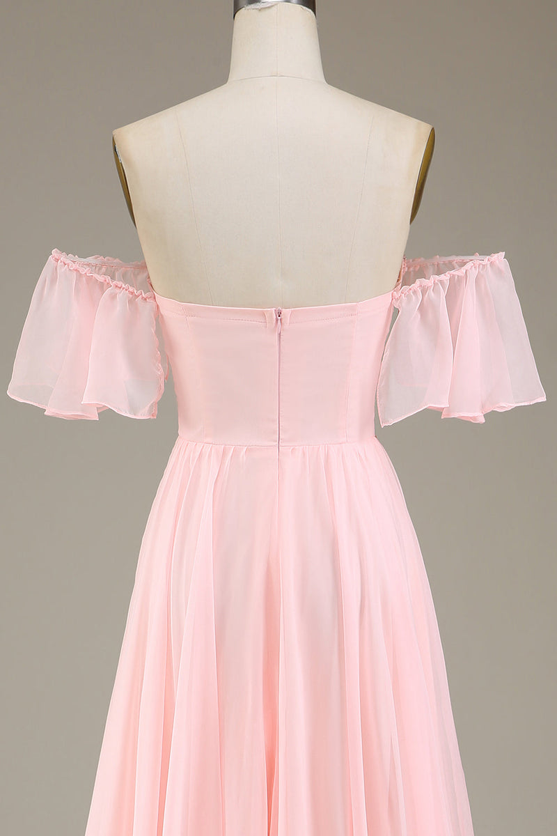 Afbeelding in Gallery-weergave laden, Blush roze A-lijn Off the Shoulder Chiffon lange bruidsmeisje jurk