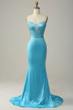 Mermaid Spaghetti Straps Blauw Beaded Prom Jurk