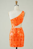 Oranje Een Schouder Glitter Homecoming Jurk met Holle Out