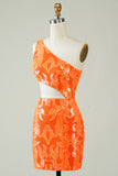 Oranje Een Schouder Glitter Homecoming Jurk met Holle Out