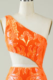 Oranje Een Schouder Glitter Homecoming Jurk met Holle Out