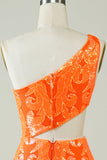 Oranje Een Schouder Glitter Homecoming Jurk met Holle Out