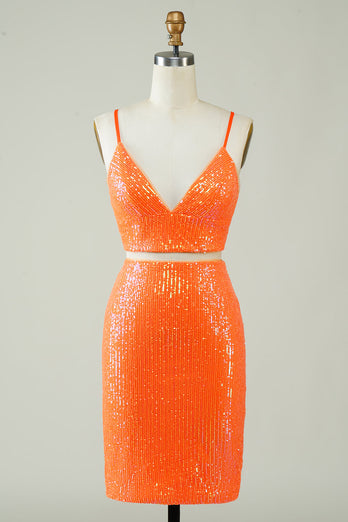 Tweedelige oranje pailletten strakke homecoming jurk