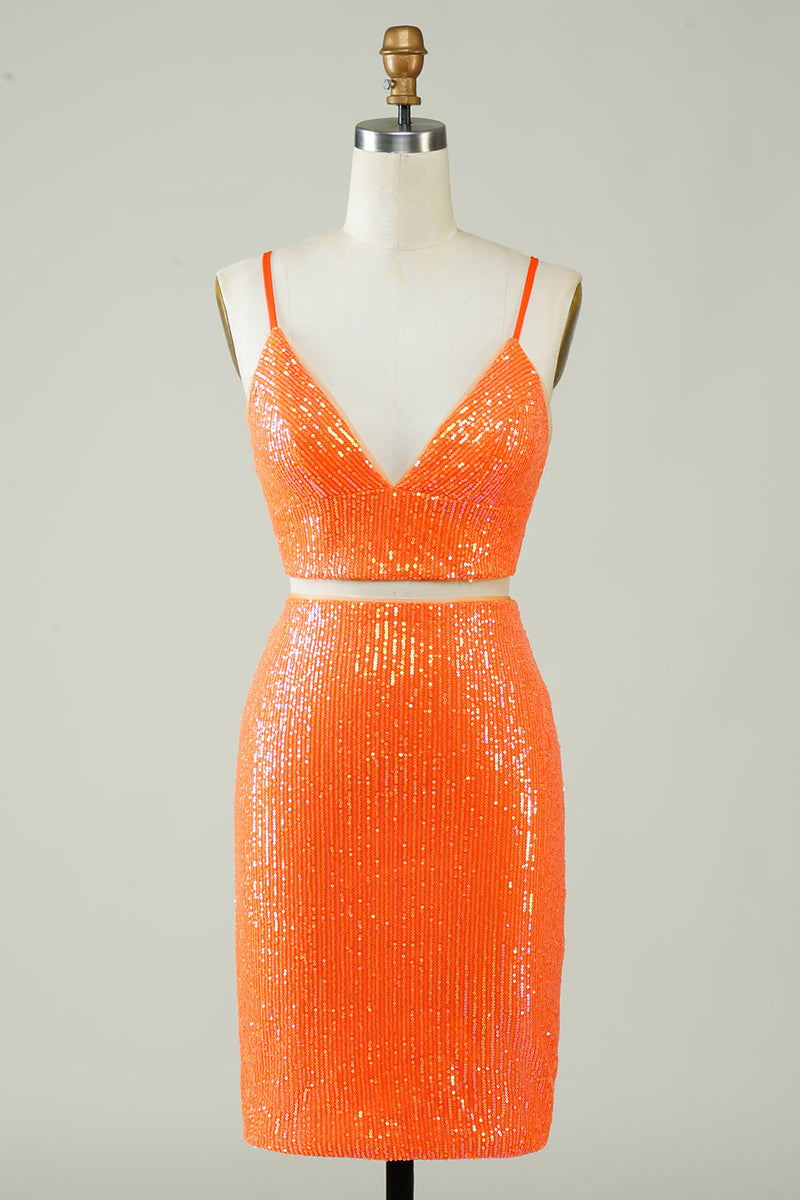Afbeelding in Gallery-weergave laden, Tweedelige oranje pailletten strakke homecoming jurk