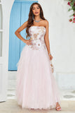 Strapless A Line Roze Tule Galajurk met Appliques