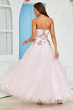 Strapless A Line Roze Tule Galajurk met Appliques