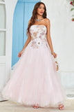 Strapless A Line Roze Tule Galajurk met Appliques