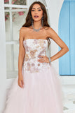 Strapless A Line Roze Tule Galajurk met Appliques