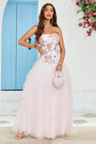 Strapless A Line Roze Tule Galajurk met Appliques