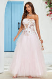 Strapless A Line Roze Tule Galajurk met Appliques