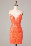 Sparkle 'til Dawn Bodycon Spaghetti Straps Oranje Pailletten Korte Homecoming Jurk