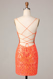 Sparkle 'til Dawn Bodycon Spaghetti Straps Oranje Pailletten Korte Homecoming Jurk